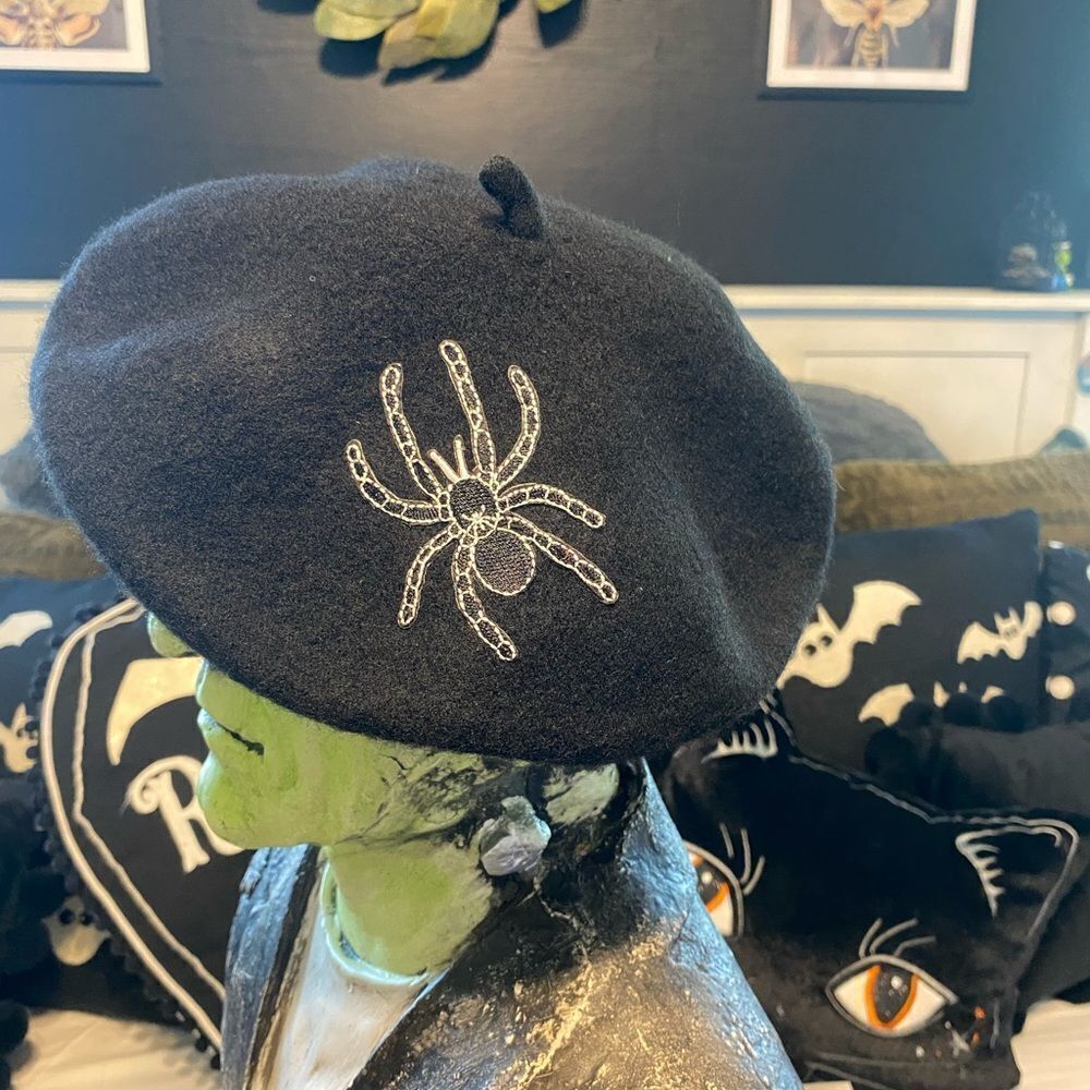 Gothic Vintage Inspired Black Beret Spider Embroidery Soft Stretchy Unique OS